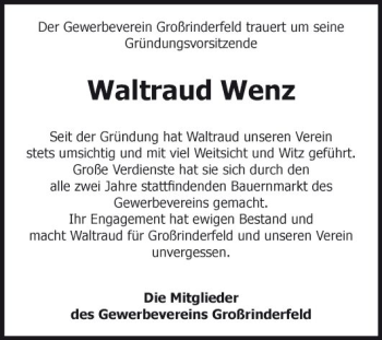 Traueranzeige von Waltraud Wenz von Fränkische Nachrichten