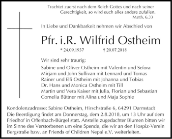 Traueranzeige von Wilfrid Ostheim von Bergsträßer Anzeiger