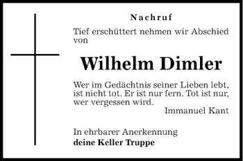 Traueranzeige von Wilhelm Dimler von Fränkische Nachrichten