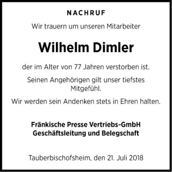 Traueranzeige von Wilhelm Dimler von Fränkische Nachrichten