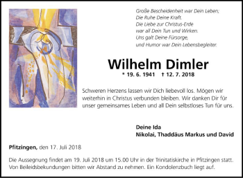 Traueranzeige von Wilhelm Dimler von Fränkische Nachrichten