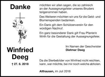 Traueranzeige von Winfried Deeg von Fränkische Nachrichten