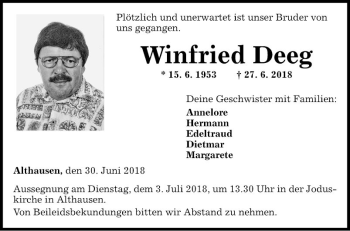 Traueranzeige von Winfried Deeg von Fränkische Nachrichten