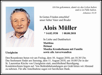 Traueranzeige von Alois Müller von Fränkische Nachrichten