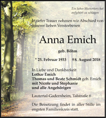 Traueranzeige von Anna Emich von Bergsträßer Anzeiger