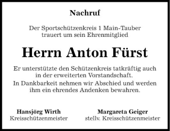 Traueranzeige von Anton Fürst von Fränkische Nachrichten