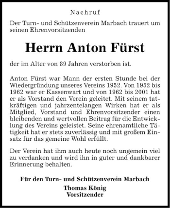 Traueranzeige von Anton Fürst von Fränkische Nachrichten