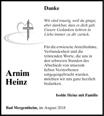 Traueranzeige von Arnim Heinz von Fränkische Nachrichten