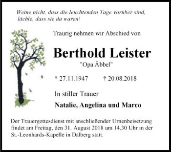 Traueranzeige von Berthold Leister von Bergsträßer Anzeiger