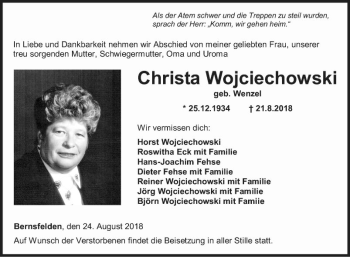 Traueranzeige von Christa Wojciechowski von Fränkische Nachrichten