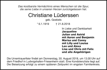 Traueranzeige von Christiane Lüderssen von Mannheimer Morgen