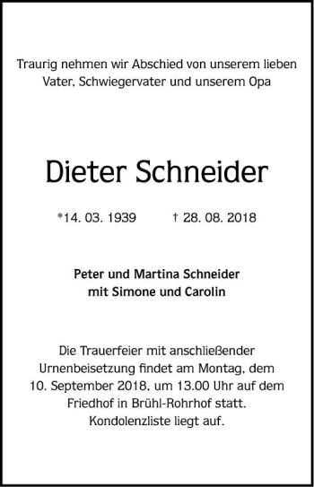 Traueranzeige von Dieter Schneider von Mannheimer Morgen