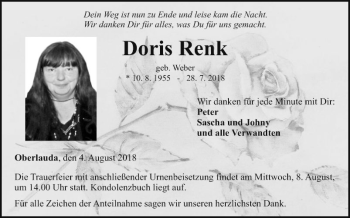 Traueranzeige von Doris Renk von Fränkische Nachrichten