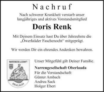 Traueranzeige von Doris Renk von Fränkische Nachrichten