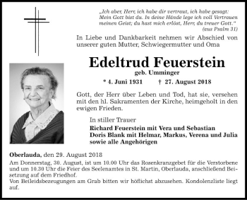 Traueranzeige von Edeltrud Feuerstein von Fränkische Nachrichten