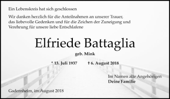 Traueranzeige von Elfriede Battaglia von Bergsträßer Anzeiger