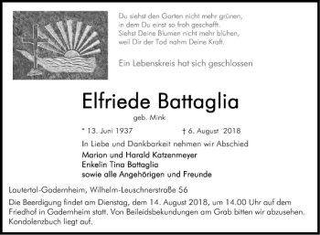 Traueranzeige von Elfriede Battaglia von Bergsträßer Anzeiger