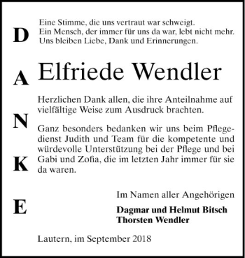 Traueranzeige von Elfriede Wendler von Bergsträßer Anzeiger