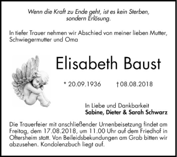 Traueranzeige von Elisabeth Baust von Schwetzinger Zeitung