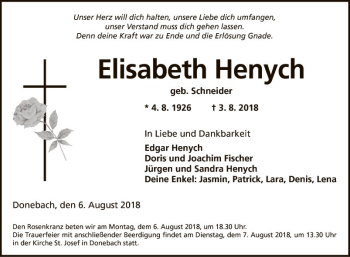 Traueranzeige von Elisabeth Henych von Fränkische Nachrichten