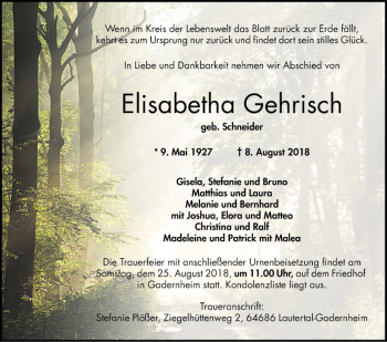 Traueranzeige von Elisabetha Gehrisch von Bergsträßer Anzeiger