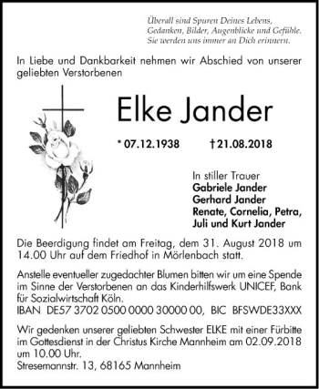 Traueranzeige von Elke Jander von Mannheimer Morgen