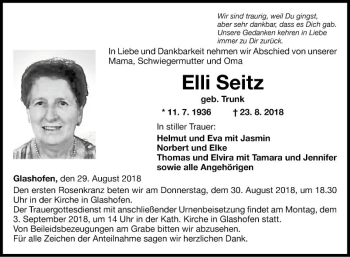 Traueranzeige von Elli Seitz von Fränkische Nachrichten