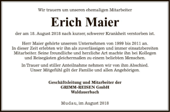 Traueranzeige von Erich Maier von Fränkische Nachrichten