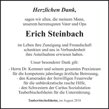 Traueranzeige von Erich Steinbach von Fränkische Nachrichten