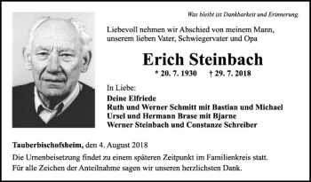 Traueranzeige von Erich Steinbach von Fränkische Nachrichten