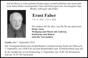 Traueranzeige von Ernst Faber von Fränkische Nachrichten