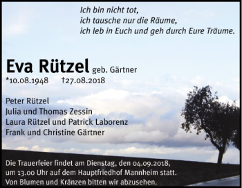 Traueranzeige von Eva Rützel von Mannheimer Morgen