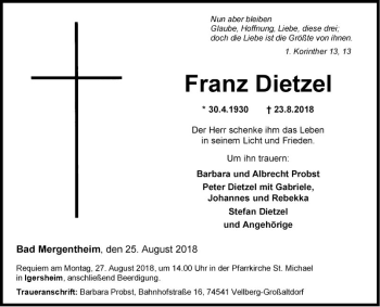 Traueranzeige von Franz Dietzel von Fränkische Nachrichten