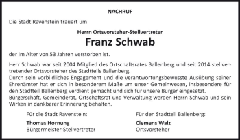 Traueranzeige von Franz Schwab von Fränkische Nachrichten