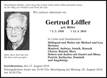 Traueranzeige von Gertrud Löffler von Fränkische Nachrichten