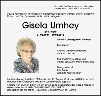 Traueranzeige von Gisela Umhey von Mannheimer Morgen