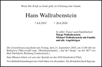 Traueranzeige von Hans Wallrabenstein von Mannheimer Morgen