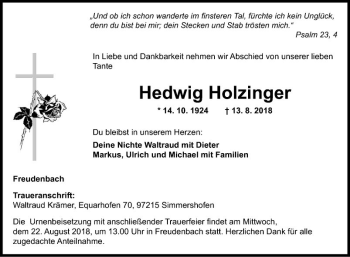 Traueranzeige von Hedwig Holzinger von Fränkische Nachrichten