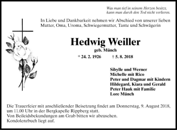 Traueranzeige von Hedwig Weiller von Fränkische Nachrichten