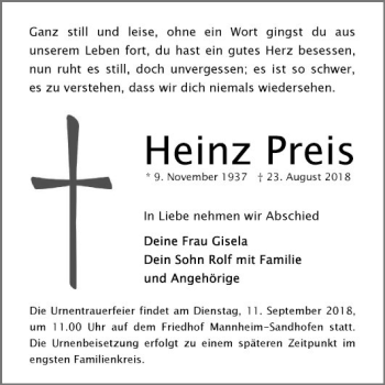 Traueranzeige von Heinz Preis von Mannheimer Morgen