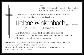 Traueranzeige von Helene Winkelbach von Südhessen Morgen