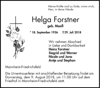 Traueranzeige von Helga Forstner von Mannheimer Morgen