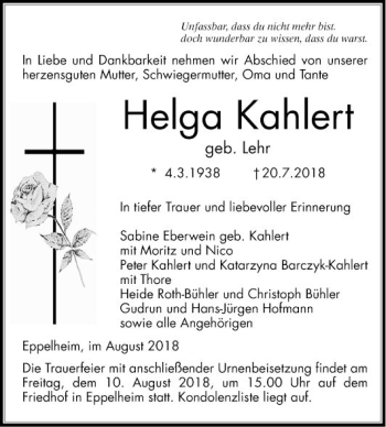 Traueranzeige von Helga Kahlert von Schwetzinger Zeitung