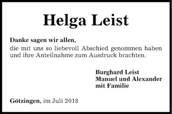 Traueranzeige von Helga Leist von Fränkische Nachrichten