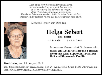 Traueranzeige von Helga Sebert von Fränkische Nachrichten