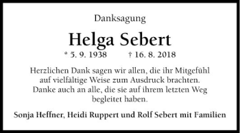 Traueranzeige von Helga Sebert von Fränkische Nachrichten