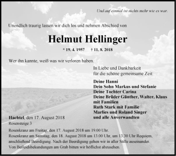 Traueranzeige von Helmut Hellinger von Fränkische Nachrichten