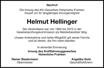 Traueranzeige von Helmut Hellinger von Fränkische Nachrichten