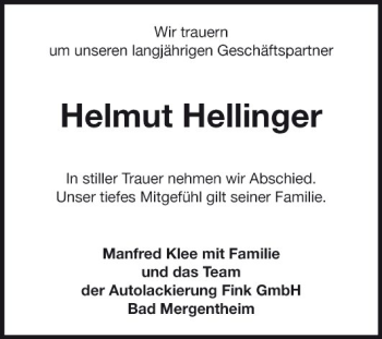 Traueranzeige von Helmut Hellinger von Fränkische Nachrichten