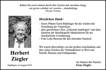 Traueranzeige von Herbert Ziegler von Fränkische Nachrichten